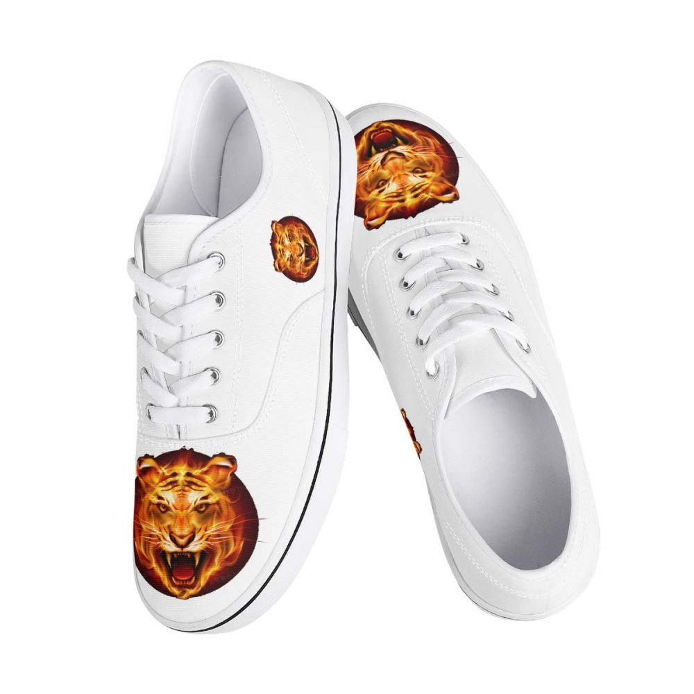 White Canvas Sneakers with Fiery Tiger Graphic Detailing