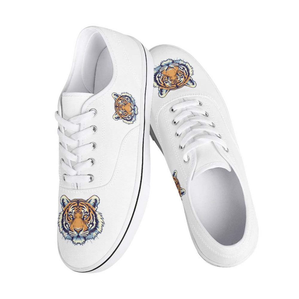 White Canvas Sneakers with Detailed Tiger Head Emblems
