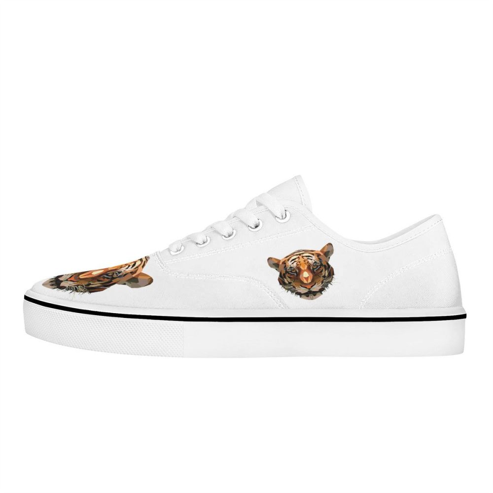 White Canvas Sneakers with Embroidered Tiger Head Motifs