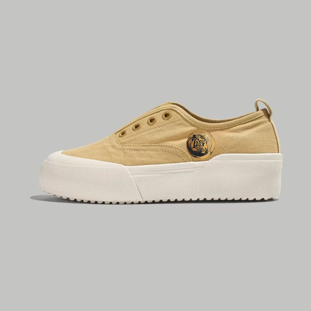 Beige Canvas Slip-On Platform Sneakers with Tiger Crest