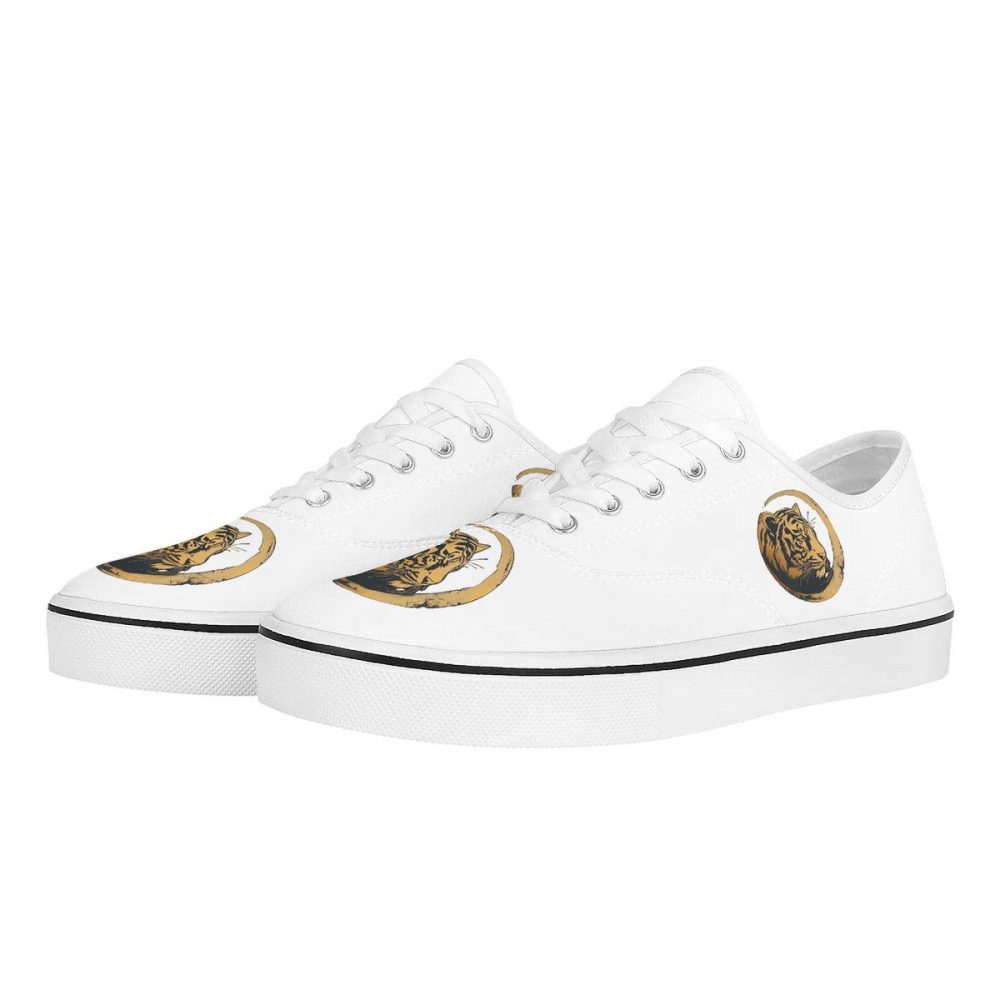White Canvas Sneakers with Gilded Tiger Crest Motifs